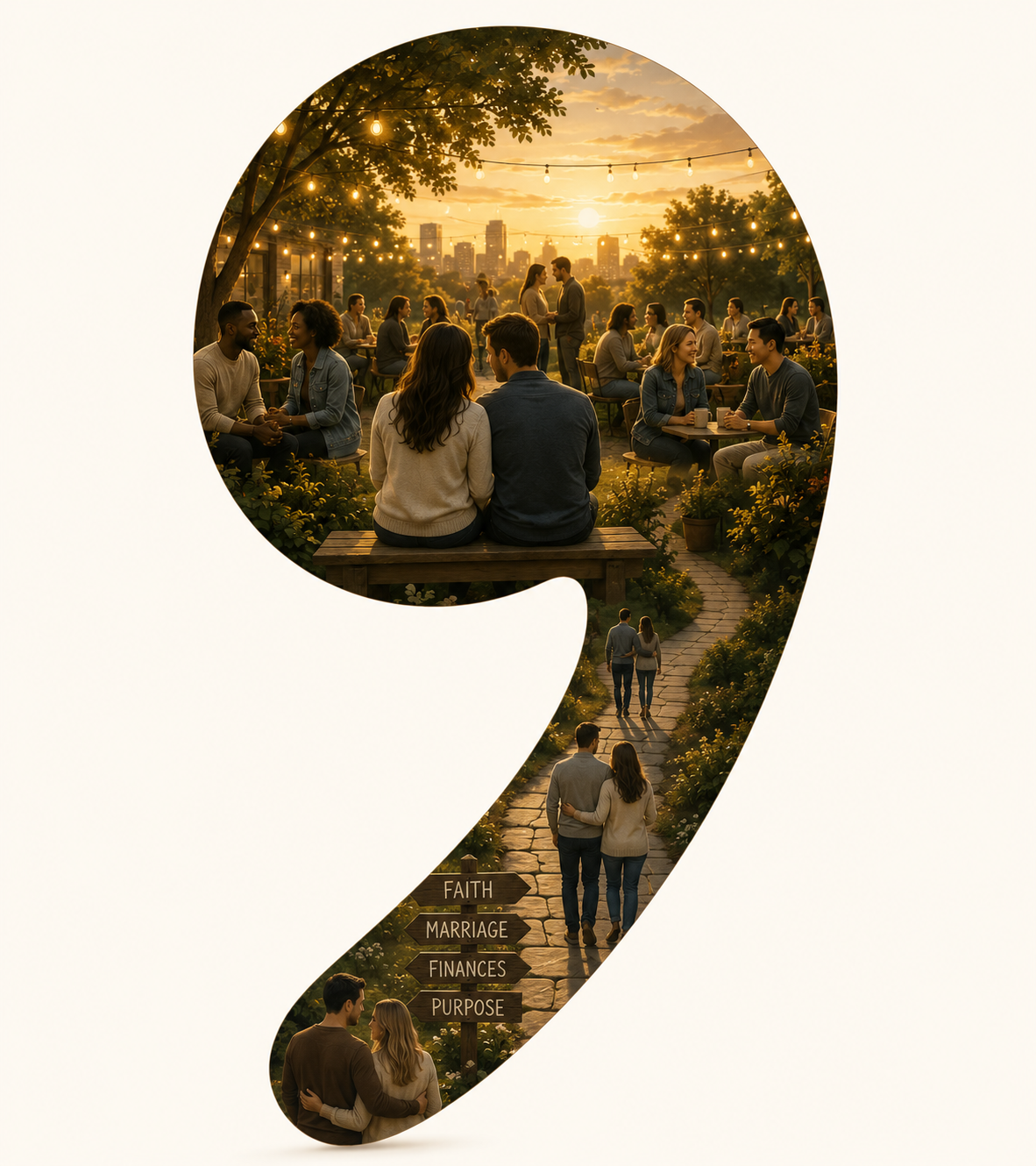 A comma-shaped illustration of a couple at sunset with signposts reading Faith, Marriage, Purpose
