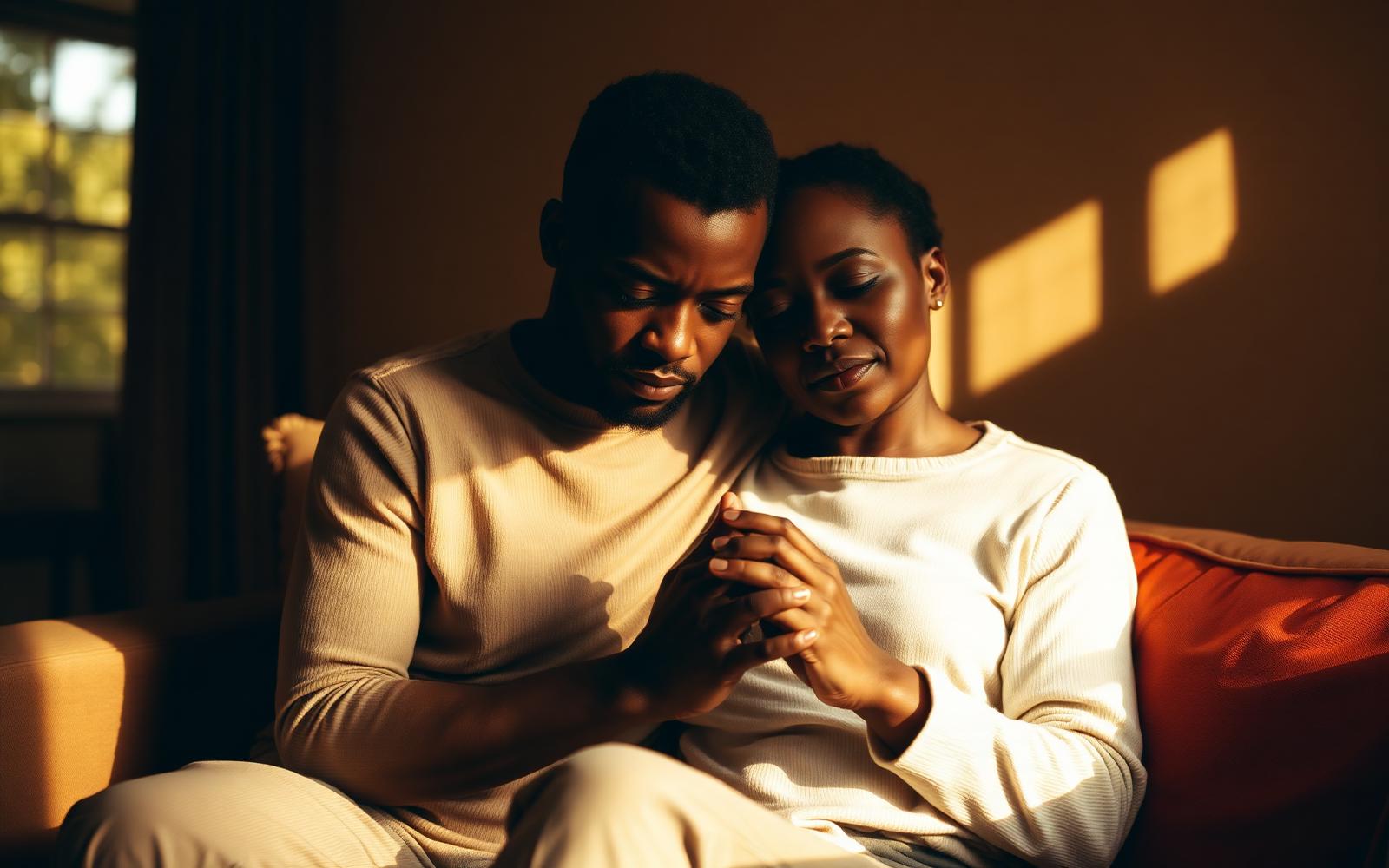 An African-American couple praying together, hands clasped
