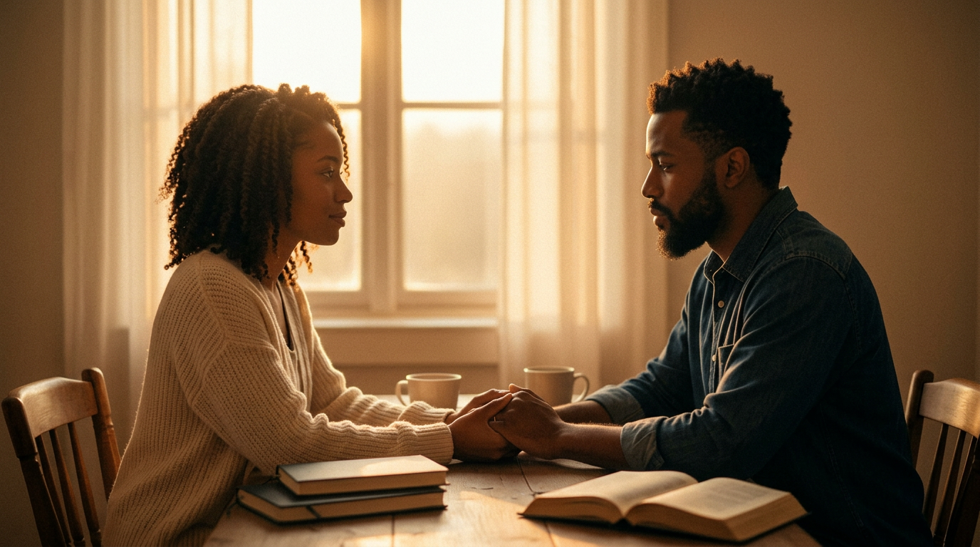 An African-American couple in quiet, prayerful conversation at golden hour